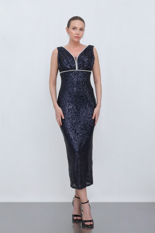 Göğüs Detaylı Payetli Midi Elbise - 1706