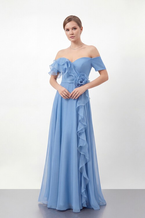 Gül Detaylı Volanlı Şifon Uzun Abiye - 1996