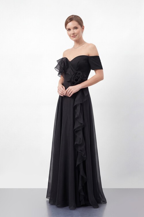 Gül Detaylı Volanlı Şifon Uzun Abiye - 1996