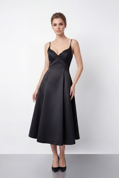 İnce Askılı Taş İşlemeli Midi Abiye  - 2048