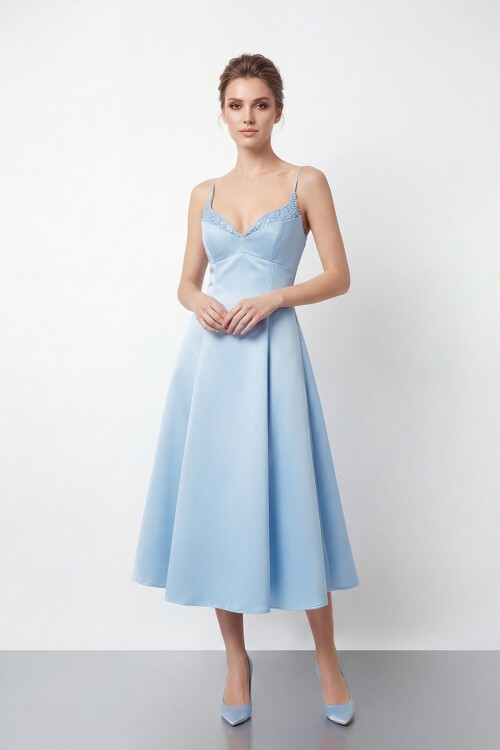 İnce Askılı Taş İşlemeli Midi Abiye  - 2048