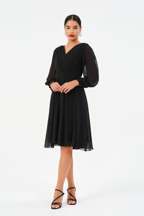 İnci İşlemeli Drapeli Midi Elbise - 1512