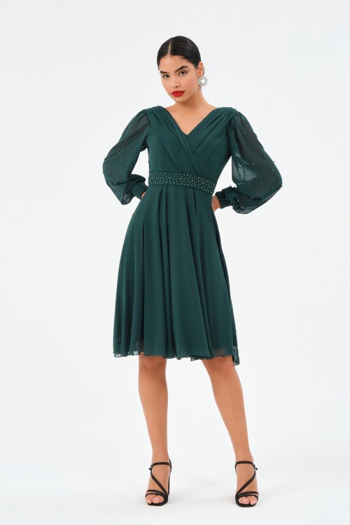 İnci İşlemeli Drapeli Midi Elbise - 1512