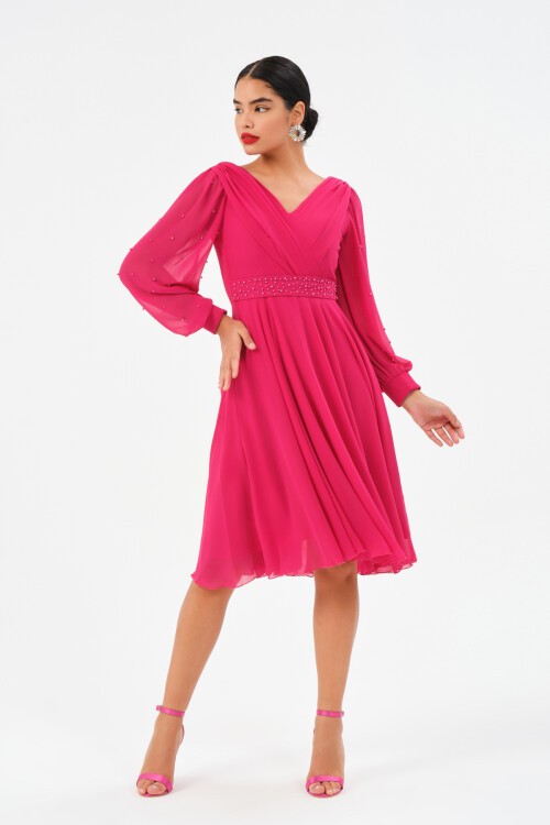 İnci İşlemeli Drapeli Midi Elbise - 1512