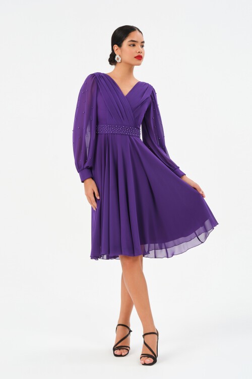 İnci İşlemeli Drapeli Midi Elbise - 1512