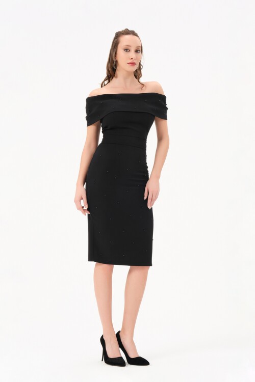 İncili Kayık Yaka Midi Elbise - 1569