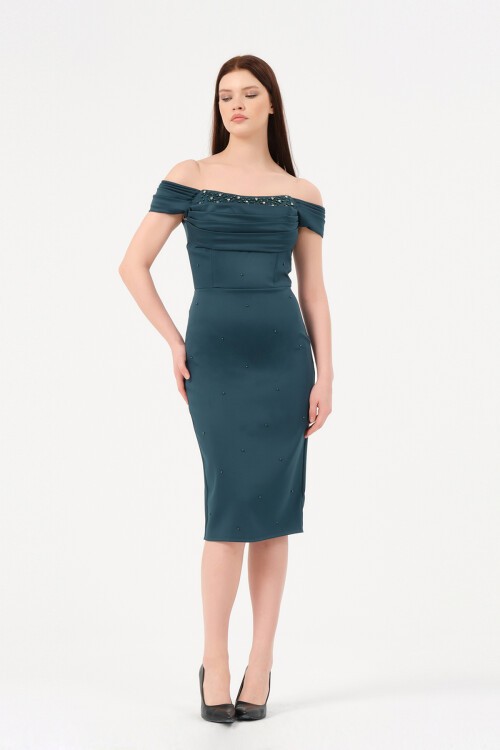 İncili Kayık Yaka Midi Elbise - 1574