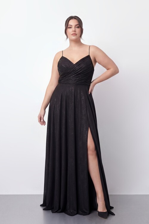 Işıltılı Büzgü Detaylı Büyük Beden Yırtmaçlı Elbise - 2057