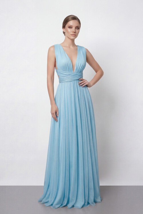 Işıltılı Derin V Yaka Pileli Abiye - 2043