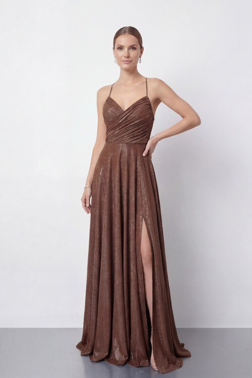 Işıltılı İp Askılı Drapeli Elbise - 2052