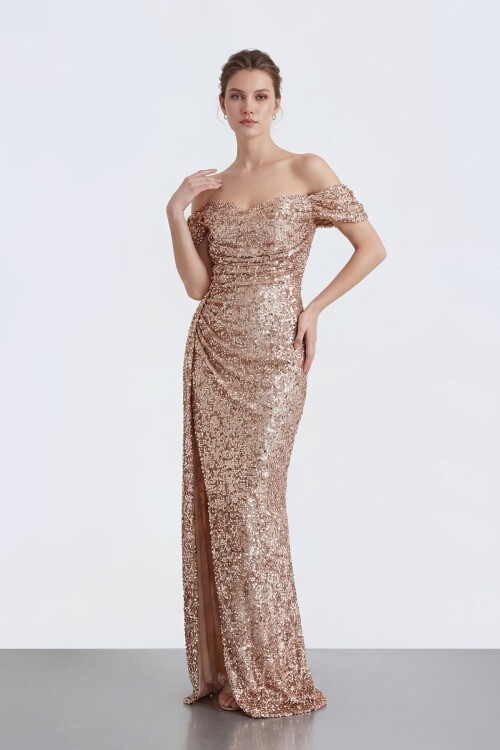 Işıltılı Payet Omzu Açık Drapeli Yırtmaçlı Abiye - 2134