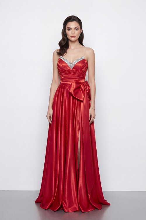 Işıltılı Yaka ve Fiyonk Detaylı Elbise - 2065