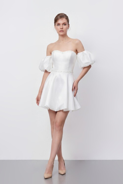 İşlemeli Balon Kollu Mini Elbise - 2035