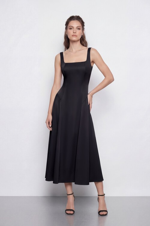 Kare Yaka A Kesim Midi Elbise - 2082