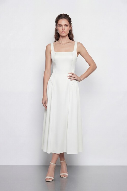 Kare Yaka A Kesim Midi Elbise - 2082