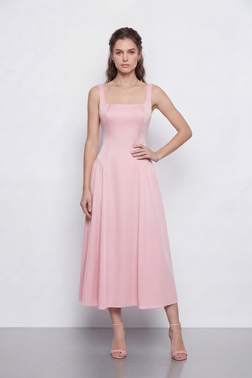 Kare Yaka A Kesim Midi Elbise - 2082