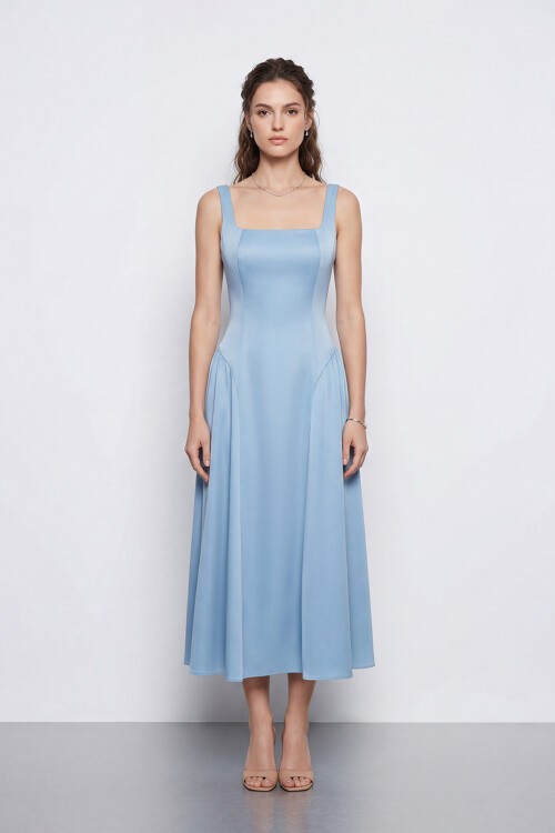 Kare Yaka A Kesim Midi Elbise - 2082