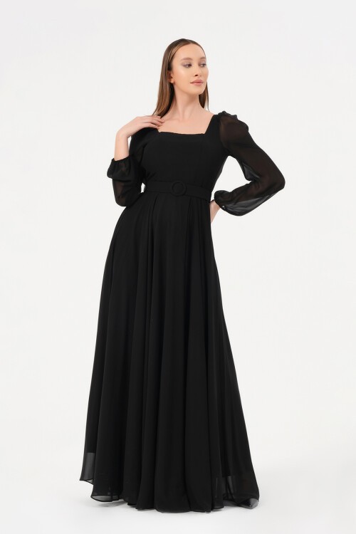 Kare Yaka Kemer Detaylı Elbise - 1555