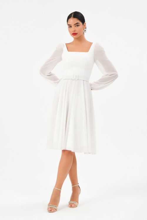 Kare Yaka Kemer Detaylı Midi Elbise - 1302