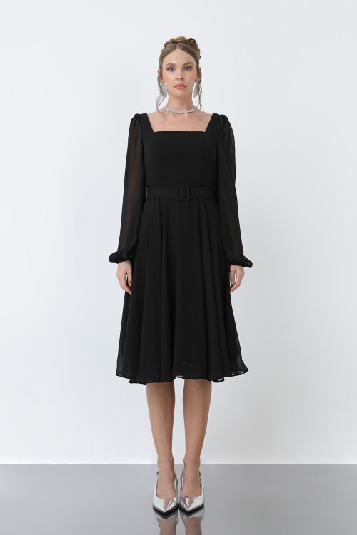 Kare Yaka Kemerli Şifon Elbise - 1916