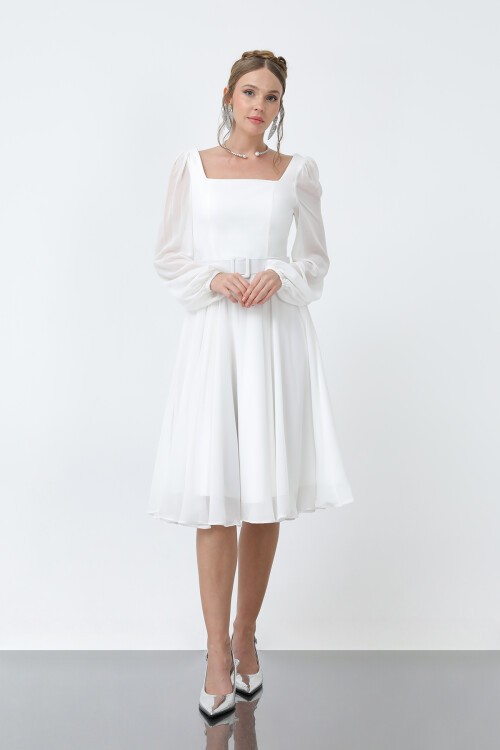 Kare Yaka Kemerli Şifon Elbise - 1916