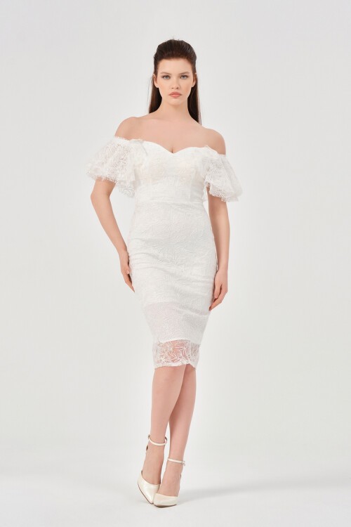 Kayık Yaka Dantelli Midi Elbise - 1586