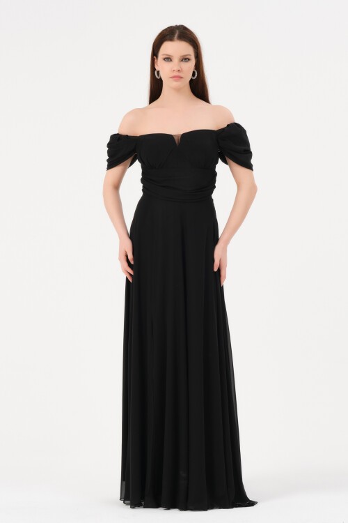 Kayık Yaka Drapeli Elbise - 1591