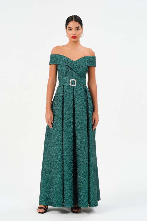 Kayık Yaka Kemer Detaylı Elbise - 1549