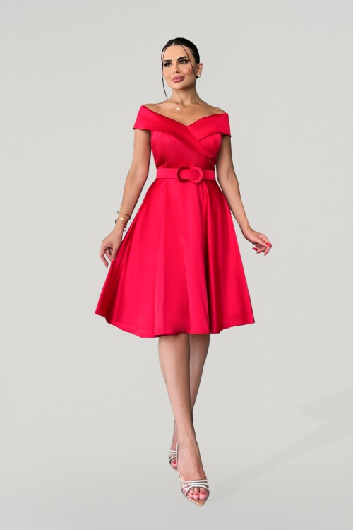 Kayık Yaka Kemerli Elbise - 1352