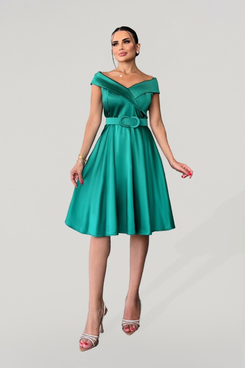 Kayık Yaka Kemerli Elbise - 1352