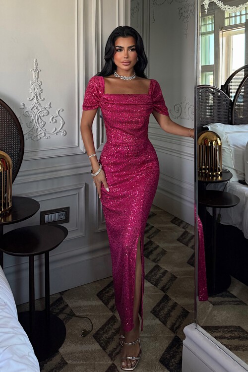 Kayık Yaka Payetli Yırtmaç Detaylı Elbise - 1708