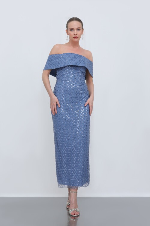 Kayık Yakalı Payetli Midi Elbise - 1808