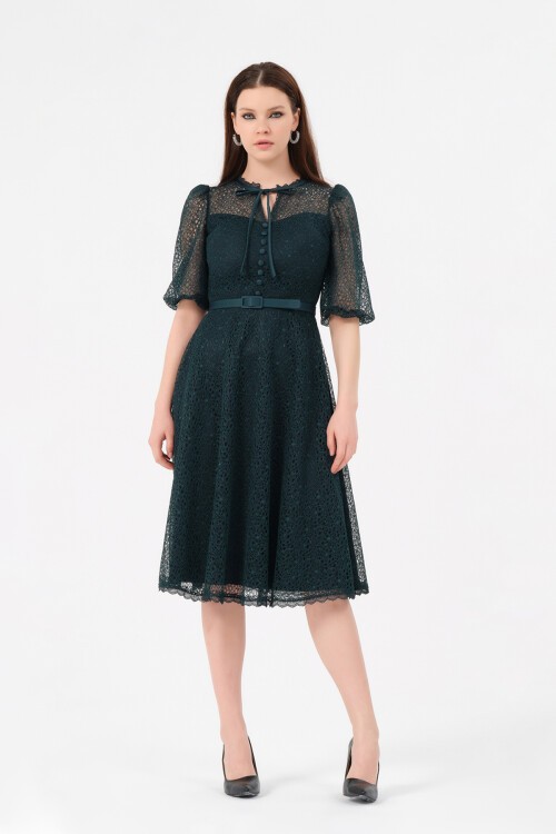 Kemer Detaylı Dantelli Midi Elbise - 1076