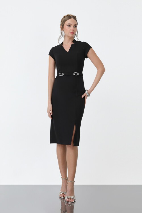 Kısa Kol Kemer Detaylı Elbise - 1913