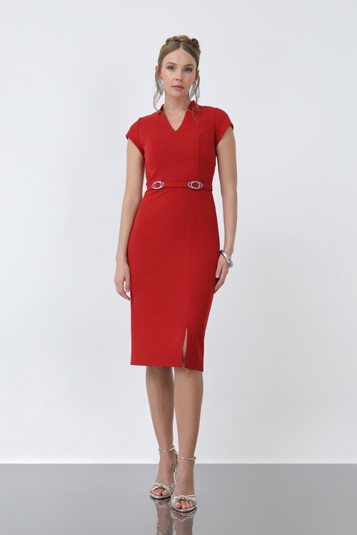 Kısa Kol Kemer Detaylı Elbise - 1913