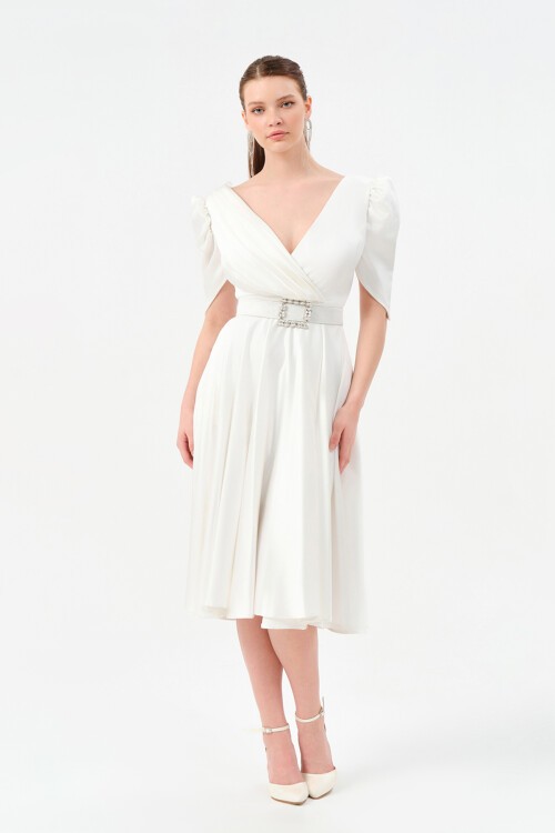 Kol Detaylı Kruvaze Yaka Midi Elbise - 1520