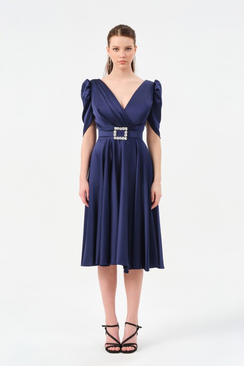 Kol Detaylı Kruvaze Yaka Midi Elbise - 1520