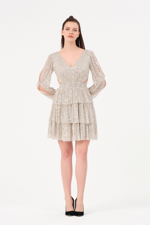 Kol Detaylı Payetli Mini Elbise - 1478