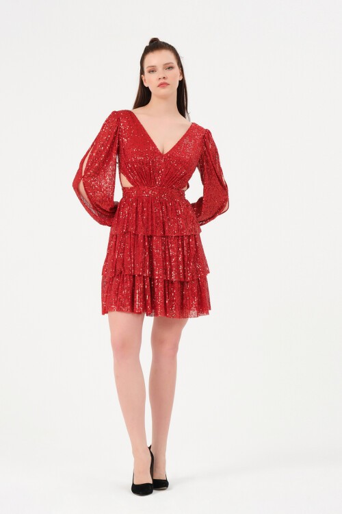 Kol Detaylı Payetli Mini Elbise - 1478