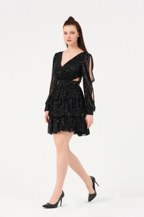 Kol Detaylı Payetli Mini Elbise - 1478