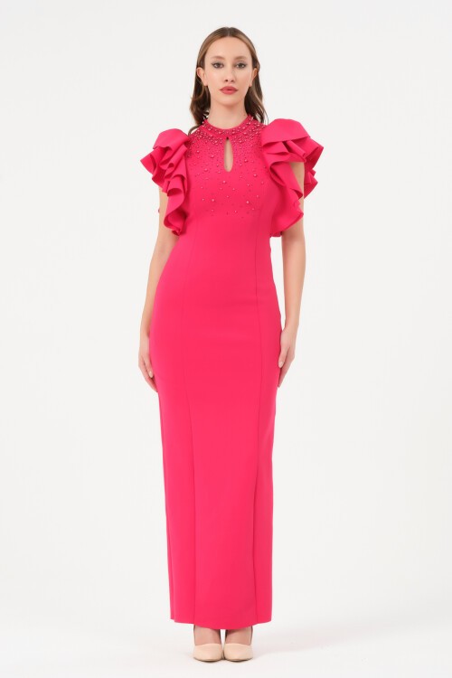 Kolu Fırfırlı Taş İşlemeli Elbise - 1433