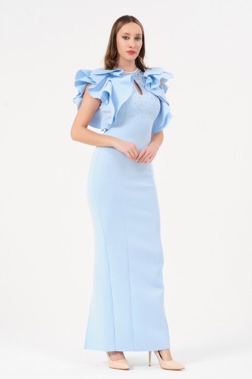 Kolu Fırfırlı Taş İşlemeli Elbise - 1433