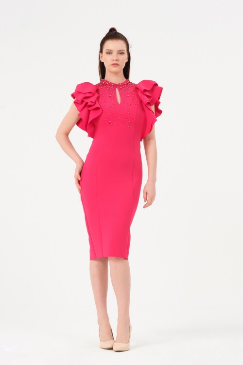 Kolu Fırfırlı Taş İşlemeli Midi Elbise - 1426