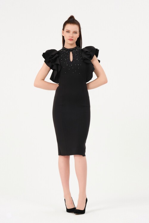 Kolu Fırfırlı Taş İşlemeli Midi Elbise - 1426