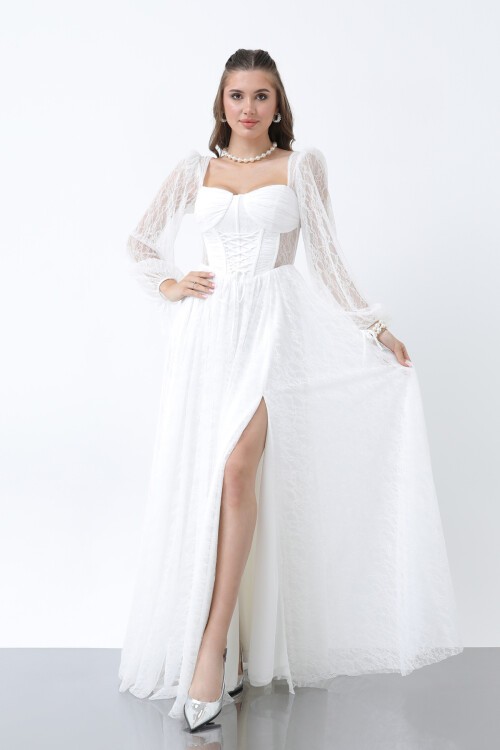 Korse Detaylı Dantelli Yırtmaçlı Elbise - 1946