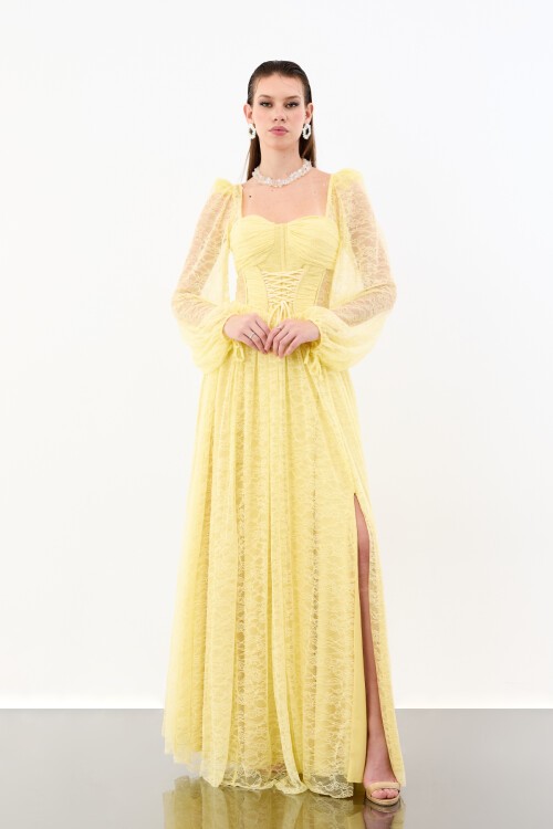 Korse Detaylı Dantelli Yırtmaçlı Elbise - 1946