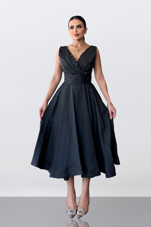 Kruvaze Yaka Taş Detaylı Elbise - 1663