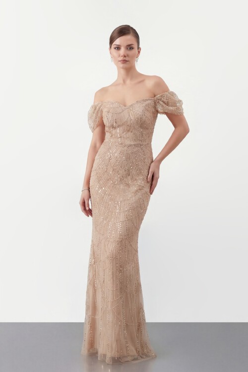 Omuz Açık Tül Kollu İşlemeli Uzun Abiye - 2132