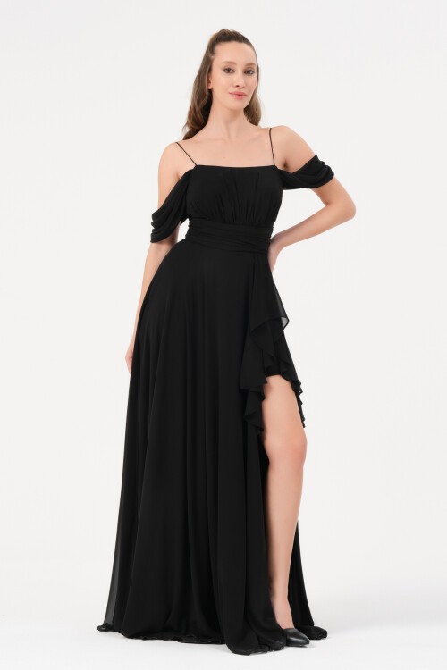 Omzu Düşük Yırtmaçlı Elbise - 1380