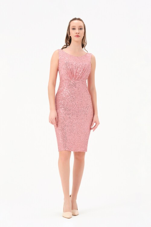 Payetli Büzgülü Midi Elbise - 1600